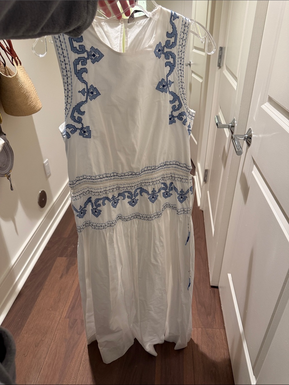 Zara blue and white beaded embroidered midi dress